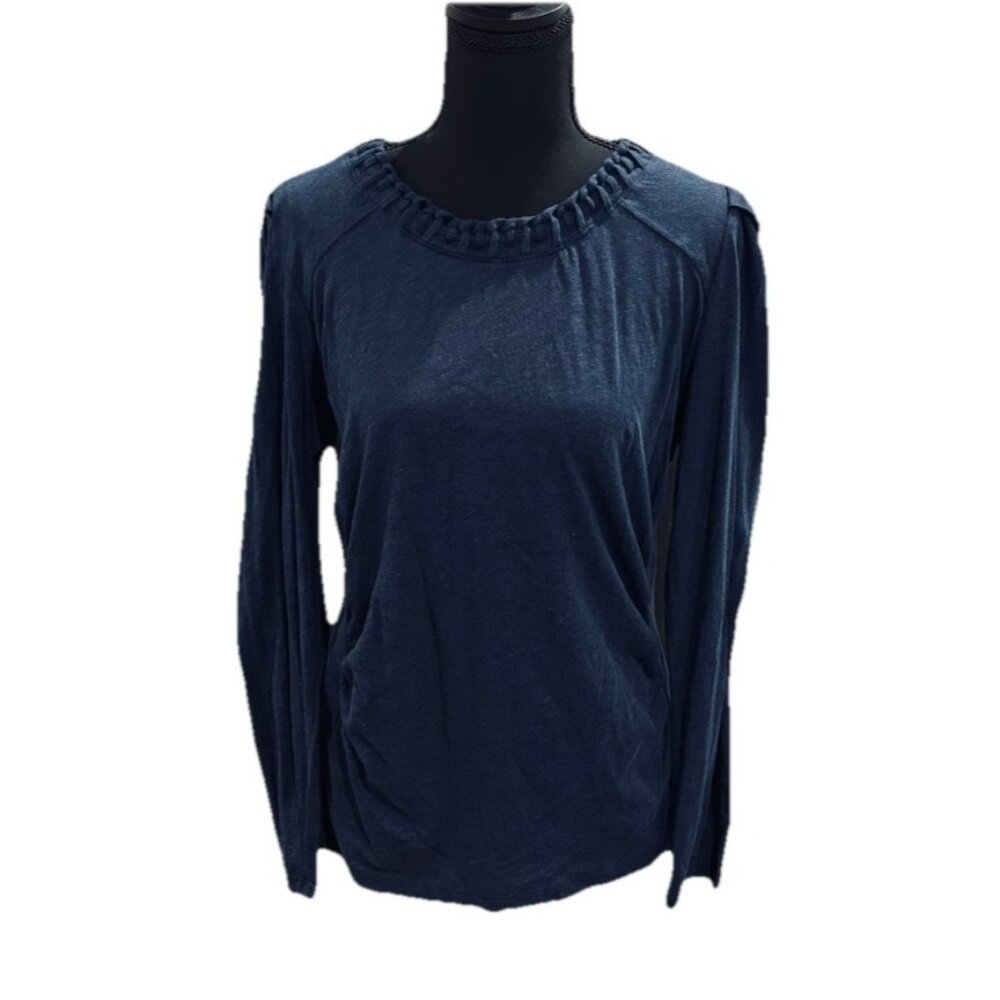 Democracy Navy Blue Braided Neck Ruched Side Puff Sleeve Top PL NEW